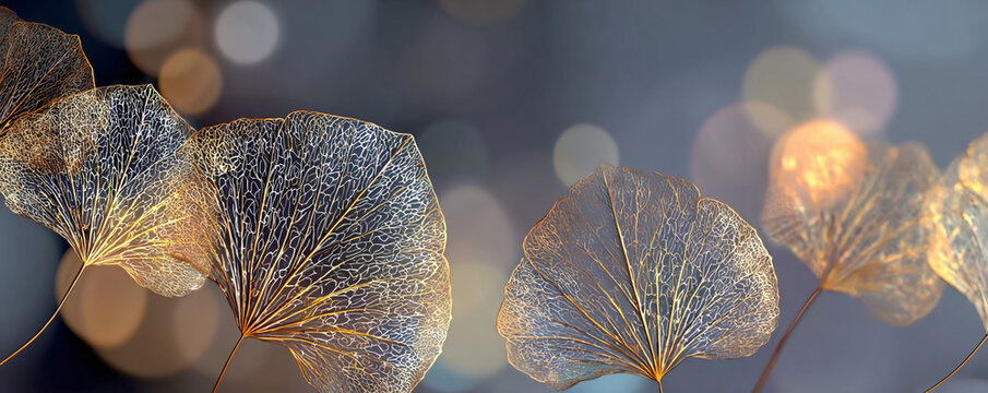 Delicate gold leaf veins glowing subtly, soft circular gray bokeh lights 32k ultra HD