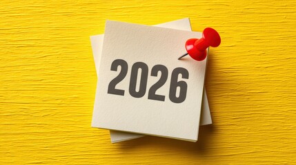 A bright yellow background features a note with "2026" pinned on it, symbolizing a future date or important reminder.