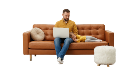 Father Working on Laptop Beside Sleeping Daughter on Sofa