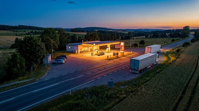 Illuminated Gas Station At Dusk With Trucks On Road Surrounded By Fields Under A Twilight Sky