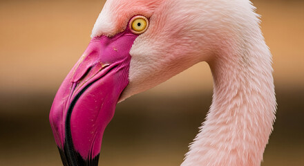 Close-up of pink flamingo head and neck, showcasing detailed feather texture and vibrant beak color, representing exotic wildlife and natural beauty