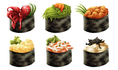 Premium realistic hand-drawn watercolor illustration set of Japanese Gunkan Maki or battleship sushi. Featuring baby octopus, seaweed salad, spicy tuna, tamago, kani and scallop wrapped in seaweed.