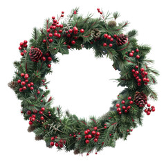 Christmas pine wreath with red berries and pine cones illustration isolated on Transparent Background