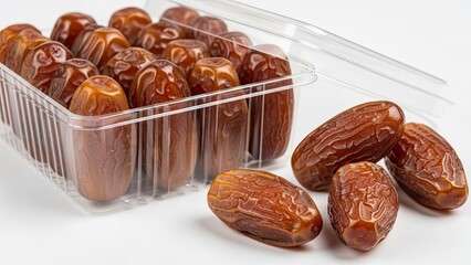 Sweet and Healthy Dried Dates in Clear Plastic Packaging on White