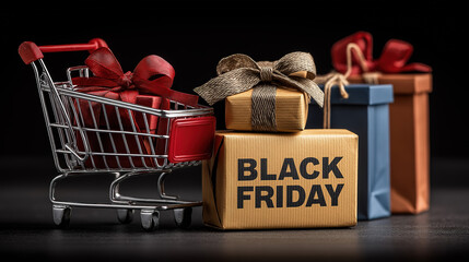 Top view of black friday concept with gift box shopping cart and shopping bag on dark background