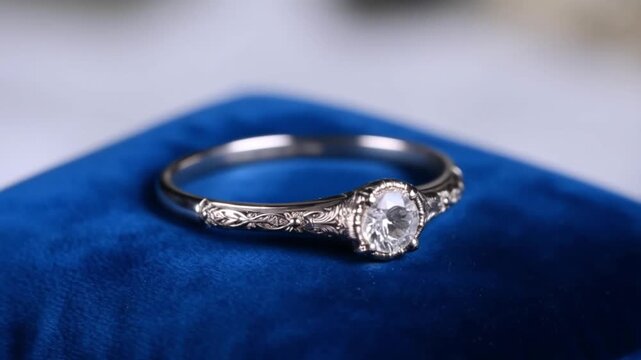 Exquisite Solitaire Ring: A close-up shot of a dazzling solitaire diamond ring, showcasing its brilliant cut and intricate, ornate metalwork, against a backdrop of deep blue velvet.
