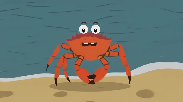 An adorable cartoon crab strolling along a sandy beach near the ocean. The crab's red shell contrasts with the blue of the water and the sandy shore