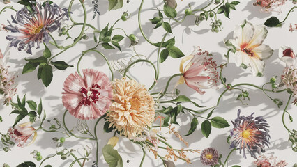 Vibrant floral pattern with pink yellow and purple flowers on white background