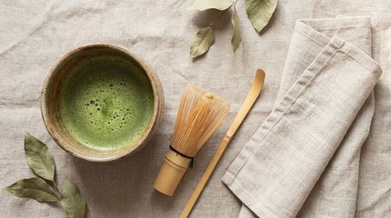 Minimalist flat lay composition featuring traditional Japanese matcha tea ceremony tools, including a ceramic bowl, bamboo whisk and tea scoop on a neutral background. Clean zen aesthetic representing