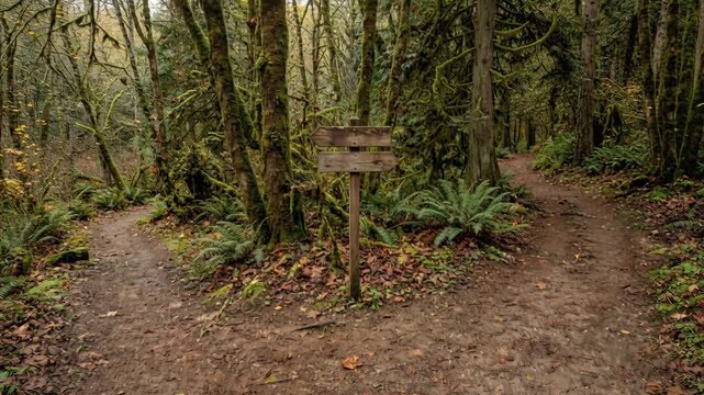 Muddy Forest Trail Fork with Wooden Directional Sign During Overcast Autumn Day Moss Covered Trees and Ferns Visible Lush Green Foliage