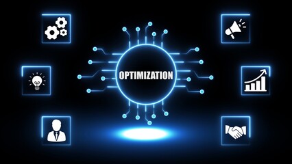 Naklejka premium Glowing blue circuit board with optimization text and surrounding technology icons image