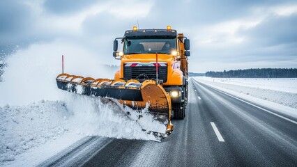 Snow removal machinery on a snowy highway, focusing on winter maintenance and road safety