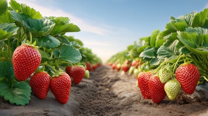 Vibrant Strawberry Farm Scene with Lush Green Plants and Fertile Soil under a Clear Blue Sky for Agricultural or Nature-themed Projects