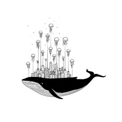 A whale carrying a city on its back with jellyfish floating above in a black and white drawing style © Shazia