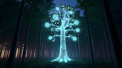 Glowing digital tree in futuristic forest with neon lights