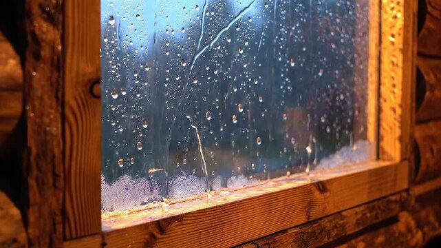 Moist windowpane with raindrops against wooden cabin frame at night