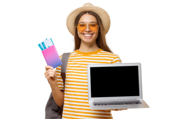 Smiling tourist woman showing blank laptop screen mockup holding passport and tickets for travel app