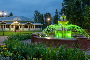 Fountain illuminated with multicolored light on a summer evening in the park