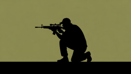 Soldier in crouching position aiming rifle with scope