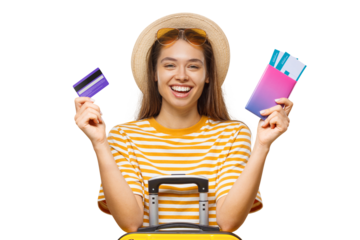 Happy female tourist with suitcase holding credit card passport and tickets for travel booking payment