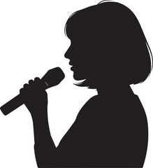 Silhouette of a woman singing into a microphone on a white background