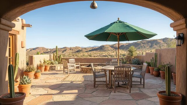Southwestern Patio Oasis With Green Umbrella Wooden Chairs And Table Cactus Plants And Desert Mountain View At Golden Hour