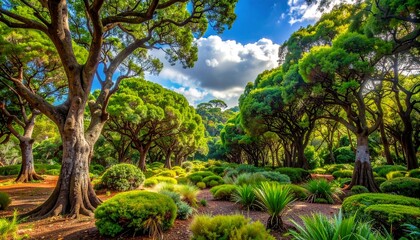Lush Green Forest Landscape with Sunlight and Diverse Vegetation.