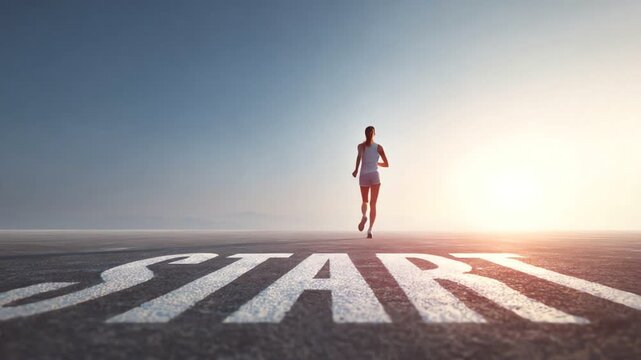 A determined woman runs towards a bright horizon, with the word 'START' boldly painted on the ground