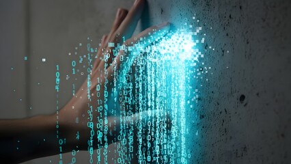 Hand touching digital data stream on concrete wall with code