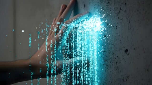Hand touching digital data stream on concrete wall with code - Powered by Adobe