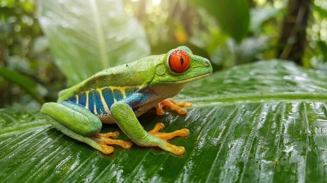 Vibrant Red Eyed Tree Frog Perched on a Wet Green Leaf in a Lush Tropical Rainforest with Soft Sunlight Filtering Through Dense Foliage