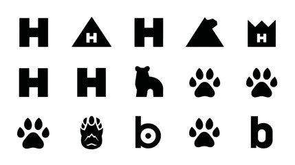 Collection of black and white vector icons featuring letters H and b, bear silhouettes, paw prints, and abstract shapes, ideal for logos and branding.