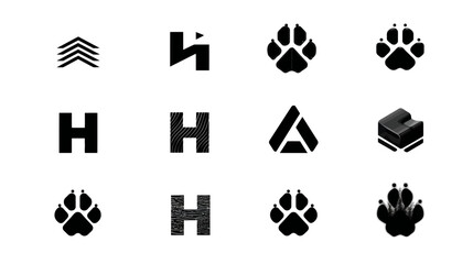 Modern collection of minimalist black and white logo concepts, vector icons, and graphic elements with stylized H, paw prints, abstract shapes.