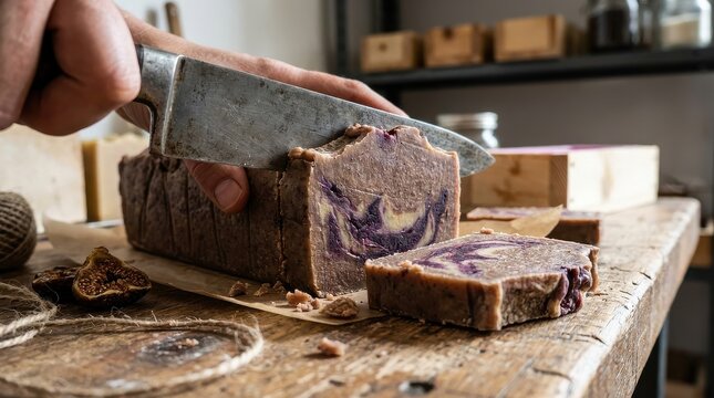 Cutting artisanal handmade soap loaf on rustic wooden table - Powered by Adobe