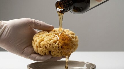 Gloved hand pouring golden liquid onto natural sea sponge