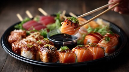Delightful sushi platter featuring an array of salmon rolls and other seafood. Perfectly garnished, it invites sharing among friends at a casual gathering