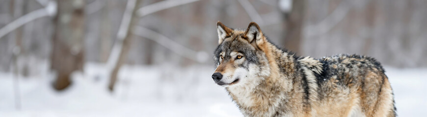 Obraz premium serene winter landscape unfolds focused gaze locked onto majestic wolf fur set backdrop trees