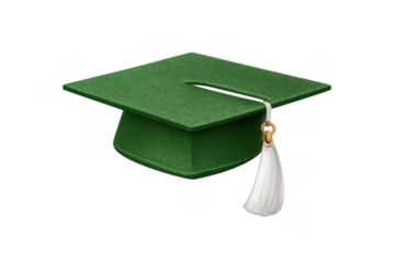 Green mortarboard with white tassel symbolizing graduation, academic ceremony, and future opportunities on transparent background
