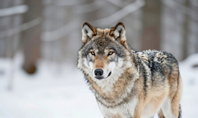 serene winter landscape unfolds focused gaze locked onto majestic wolf fur set backdrop trees