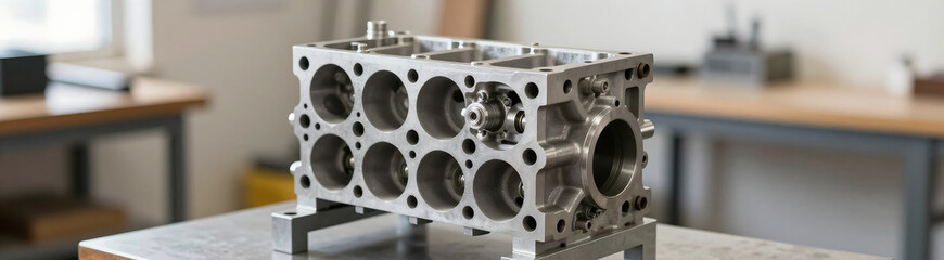 silver engine block sits atop metal stand bright workshop revealing intricate internal components machining details