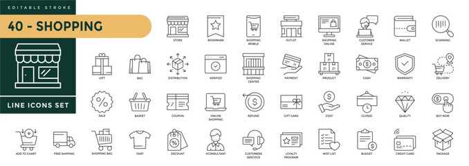 A collection Shopping of icons set with editable stroke, including store, bookmark, mobile, outlet, customer, scanning, closed, quality, buy now, package, budget, sale. Thin linear vector illustration