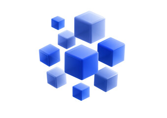 Array of translucent blue cubes in varying sizes floating in space isolated on a transparent background