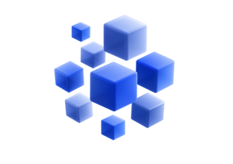 Array of translucent blue cubes in varying sizes floating in space isolated on a transparent background