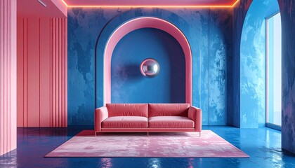 A modern living room with a pink sofa and blue textured walls, featuring an arched alcove and neon lighting.