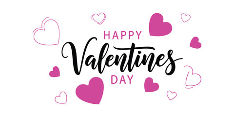 Trendy lettering of Happy Valentine's Day in colorful hues on a white canvas decorated with hearts, suitable for decor, posters, banners, valentine cards, invitations, promotions, and parties.