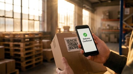 Warehouse worker holding a cardboard box and a smartphone with "Delivery Confirmed" text and green checkmark on the screen