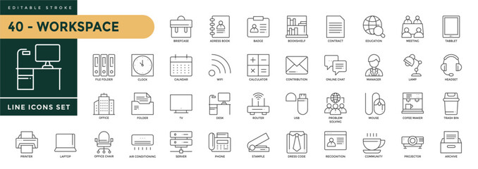 Workspace icons set with editable stroke, including . briefcase, adress book, badge, calendar, clock, file folder, wifi, calculator, mail, desk, server, office chair. Thin linear vector illustration
