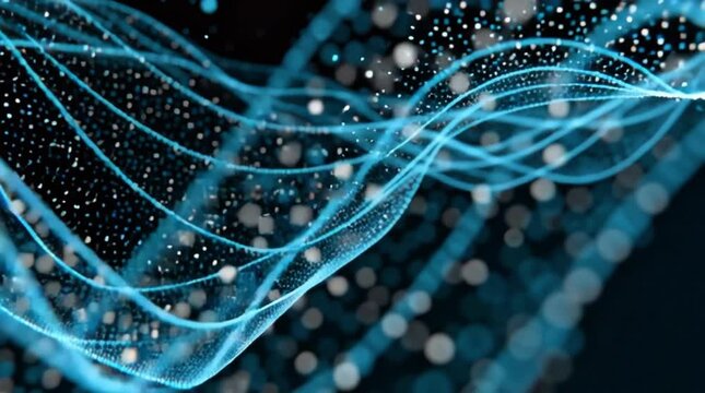 Dynamic blue particles moving in a futuristic wave pattern