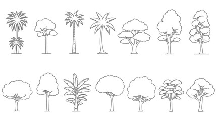 Variety of trees represented in a black and white line drawing silhouette