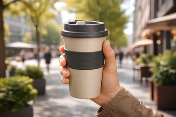 Hand holding reusable coffee cup in city environment, sustainable habit
